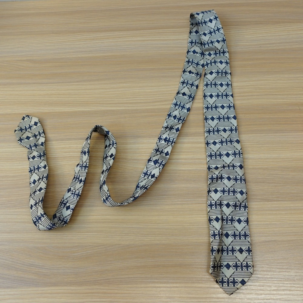 Vintage Skinny Slim Tie Men Blue Off White Geometric Art Deco 60s MOD Silk Funky